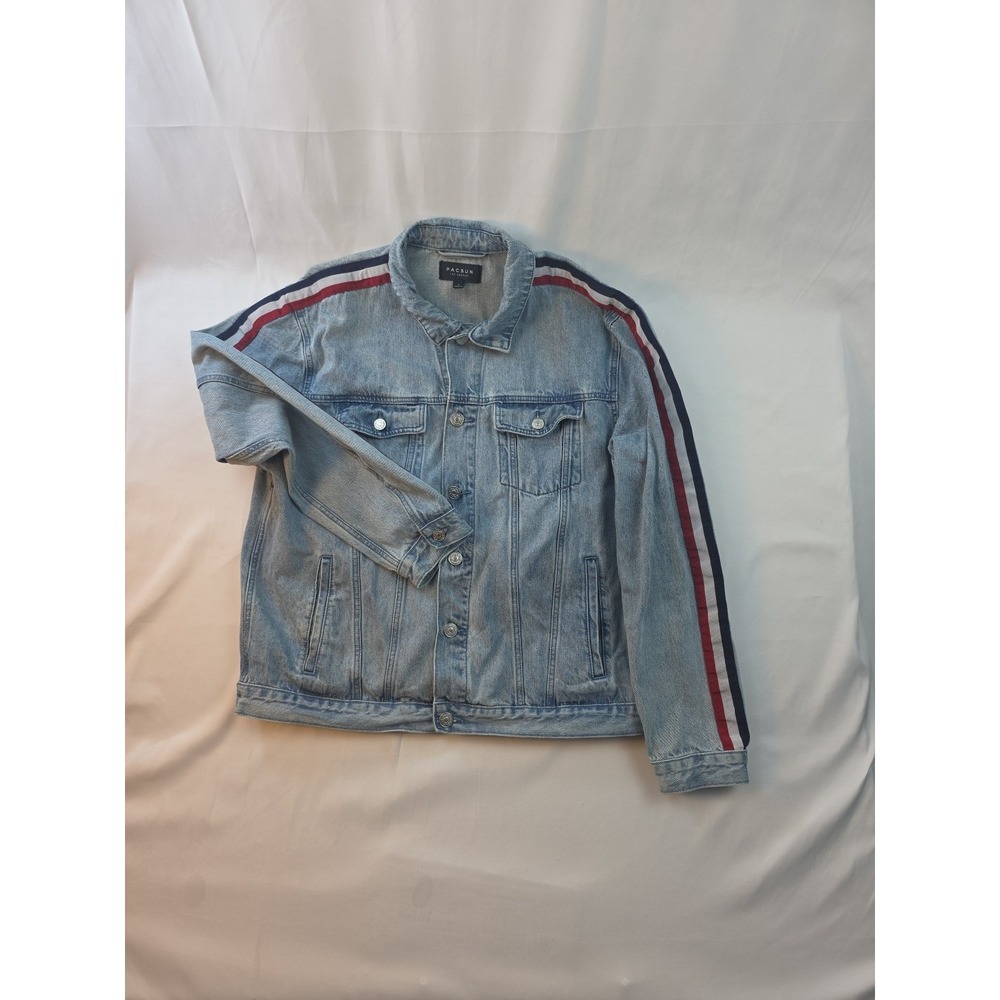 PacSun LA Denim Jacket Stripe Sleeve Trucker‎ Y2K Streetwear Grunge Retro Size L